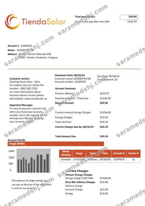 Uruguay TiendaSolar business utility bill template in Word and PDF formats